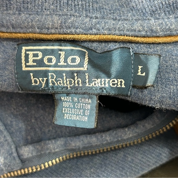 POLO Ralph Lauren Quarter Zip Sweater Men's Blue Maroon Pony Leather Pull Sz L - Picture 2 of 7